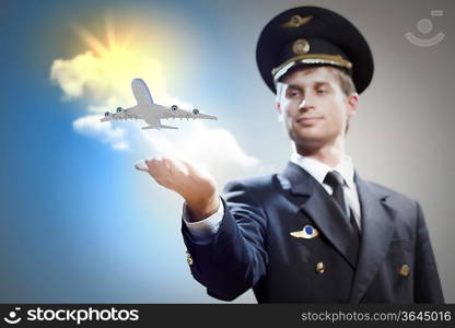 Image of pilot with airplane taking off from his hand