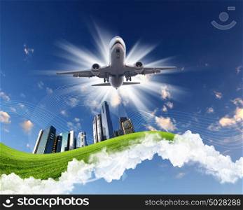 Image of plane on blue sky background