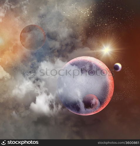 Image of planets in fantastic space against dark background