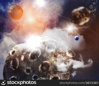 Image of planets in fantastic space against dark background