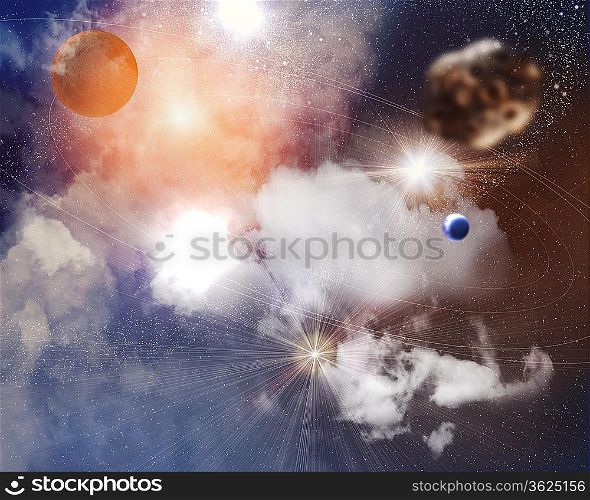 Image of planets in fantastic space against dark background