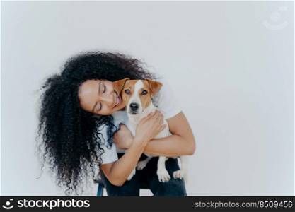 Image of playful pretty woman with Afro hairstyle, smiles gladfully, holds domestic animal, carries dog to veterian, isolated over white background. Glad lady petts jack russell terrier at home.