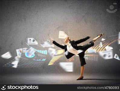 image of pretty businesswoman. Image of pretty businesswoman jumping high against financial background