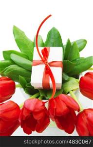 Image of red fresh tulip flowers with luxury present for mom, beautiful floral bouquet with little giftbox on the top isolated on white background, happy mothers day, holiday concept&#xA;
