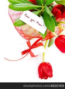 Image of red tulips flower in pot with greeting card on fresh green leaves and gift box isolated on white background, romantic still life, happy mothers day, spring season, romance and love concept&#xA;