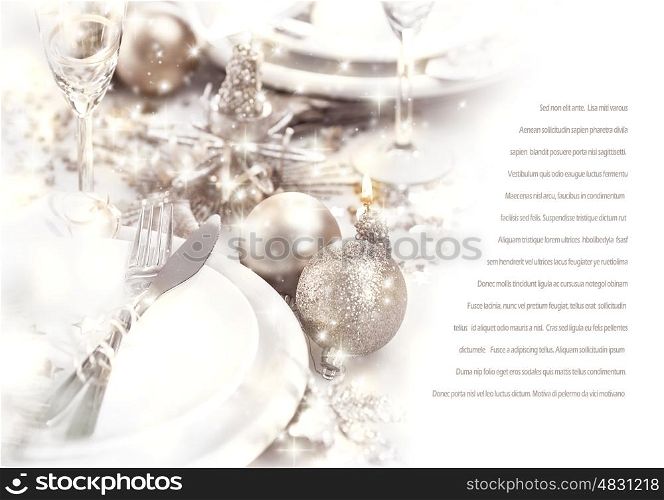Image of romantic holiday dinner, festive table setting decorated with beautiful silver bubbles and candles, luxury white plate served with shiny knife and fork, wedding day, love story