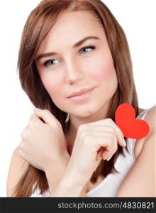 Image of serious female holding in hand red heart-shaped greeting card, symbol of love, romantic message, Valentine day, isolated on white background, healthy lifestyle, medicine and care concept &#xA;