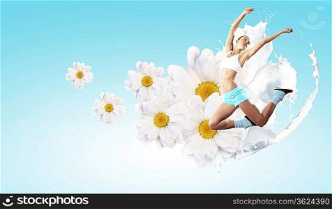 Image of sport girl in jump against flower background