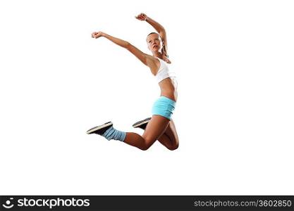 Image of sport girl in jump against white background
