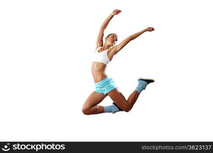 Image of sport girl in jump against white background