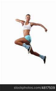 Image of sport woman jumping. Image of sport girl in jump against white background