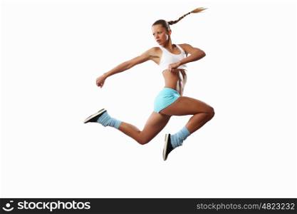 Image of sport woman jumping. Image of sport girl in jump against white background
