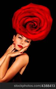 Image of stylish young lady with big red rose on the head isolated on black background, fashionable model wearing glamorous floral hat, Valentine day, luxury lifestyle, vogue and style concept
