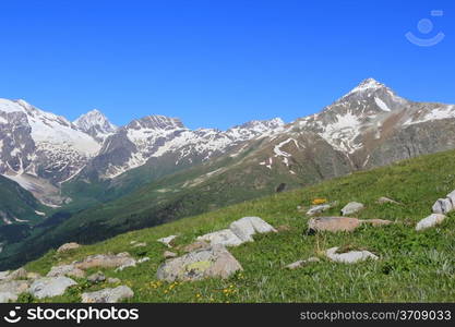 Image of summer landscape with Caucasus green mountains