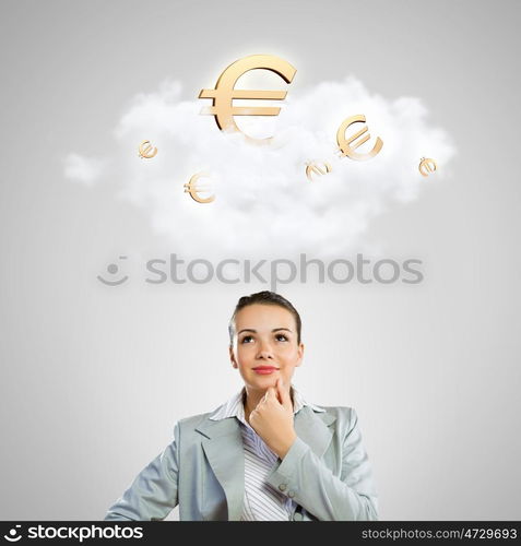 Image of thoughtful businesswoman with euro symbol. Currency concept. How to earn more