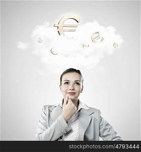 Image of thoughtful businesswoman with euro symbol. Currency concept. How to earn more