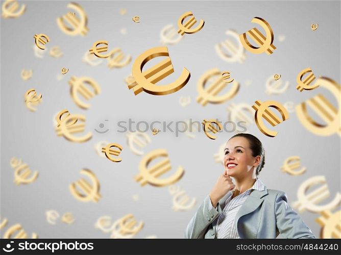 Image of thoughtful businesswoman with euro symbol. Currency concept. How to earn more