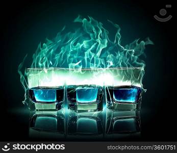 Image of three glasses of burning emerald absinthe