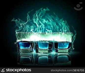 Image of three glasses of burning emerald absinthe