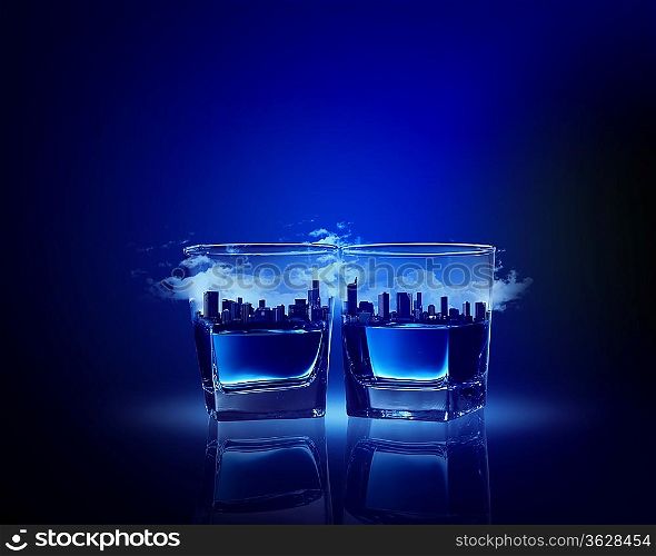 Image of two glasses of blue liquid with city illustration in