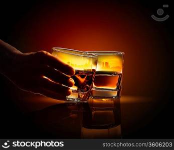 Image of two glasses of whiskey with city illustration in