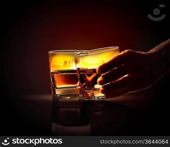 Image of two glasses of whiskey with city illustration in