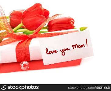 Image of white gift box with red ribbon, fresh tulips flower bouquet, paper card, greeting postcard, isolated on white background, happy mothers day, love you mom, still life, sensuality concept