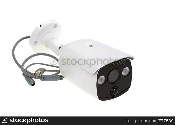 Image of white security CCTV camera or closed circuit television isolated on white background.