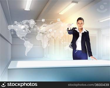 Image of young businesswoman clicking icon on high-tech picture
