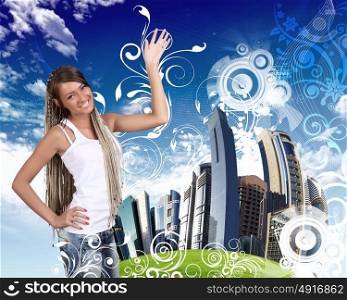 Image of young woman against cityscape and nature landscape