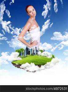 Image of young woman against cityscape and nature landscape