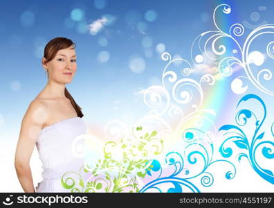 Image of young woman against nature background