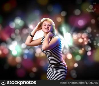 Image of young woman and colorful disco background