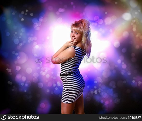 Image of young woman and colorful disco background