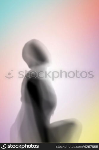 Image with a blurred female silhouette against colour background