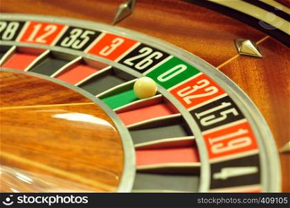 image with a casino roulette wheel with the ball on number 0