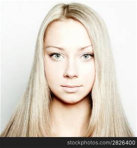 Image with beautiful blonde girl on white background close-up