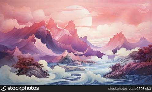 Image with cloudy sunset over mountains and waves in asian style, generative ai
