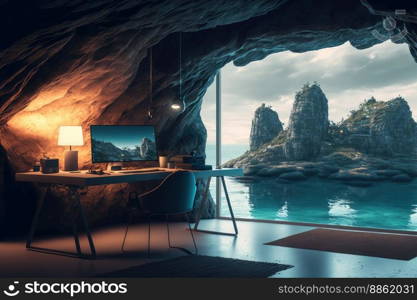 Imaginary home workspace in rocky cave with a large window overlooking ocean ridge landscape . Dreamy fairytale working desk for work and study. Peculiar AI generative image.. Imaginary home workspace in rocky cave with window overlooking ocean landscape