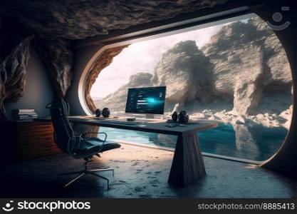 Imaginary home workspace in rocky cave with a large window overlooking ocean ridge landscape . Dreamy fairytale working desk for work and study. Peculiar AI generative image.. Imaginary home workspace in rocky cave with window overlooking ocean landscape