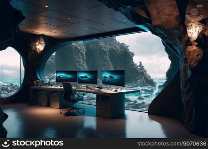 Imaginary home workspace in rocky cave with a large window overlooking ocean ridge landscape . Dreamy fairytale working desk for work and study. Peculiar AI generative image.. Imaginary home workspace in rocky cave with window overlooking ocean landscape