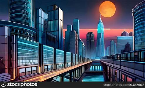 Imaginary modern city at moonlit night. Generative AI illustration