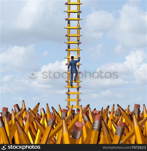 Imagination freedom with a creative businessman climbing out of a chaotic pencil landscape using a ladder made of yellow pencils as a business concept and metaphor for creativity freedom and innovative solutions for success escaping a confusing situation.