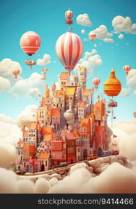imagination house with balloons floating in the blue sky with sunshine and white fluffy clouds. Soaring house princes and moving home concept.