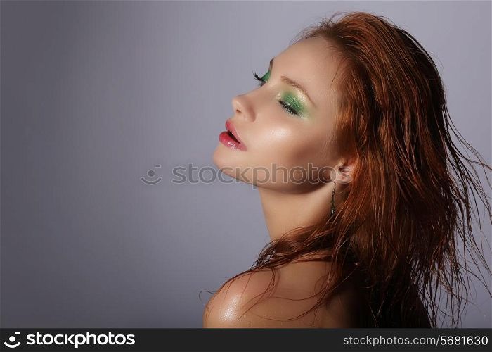 Imagination. Redhead Woman with Wet Hair Dreaming