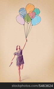 imagination. young woman is flying away with drawn balloons. imagination