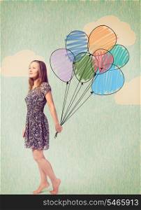 imagination. young woman is standing with drawn balloons. imagination