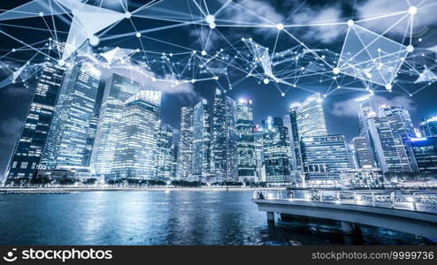 Imaginative visual of smart digital city with globalization abstract graphic showing connection network . Concept of future 5G smart wireless digital city and social media networking systems .. Imaginative visual smart digital city with globalization abstract graphic showing connection network