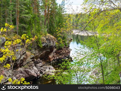 Imatra, Suomi or Finland. Vuoksa river and rocky canyon view in Imatra, Finland