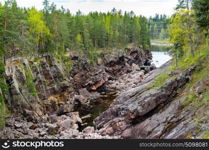 Imatra, Suomi or Finland. Vuoksa river and rocky canyon view in Imatra, Finland